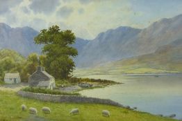 WARREN WILLIAMS ARCA watercolour - Crafnant Lake with sheep grazing and cottage with figure and