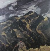 After SIR KYFFIN WILLIAMS RA coloured limited edition (202/250) print - mountainscape with farmer