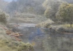 ARTHUR MILES watercolour - river and pool with fishing figure, entitled verso 'The Wye, near