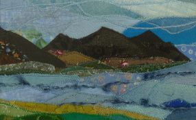 JOSIE RUSSELL colourful textile landscape - The Rivals with artist's initials, 13 x 20 cms