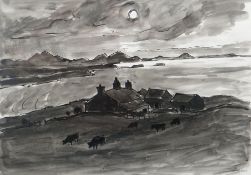 SIR KYFFIN WILLIAMS RA colourwash - iconic view of an old Anglesey farmstead, with grazing cattle to