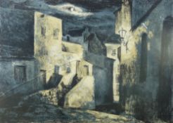 JOHN PIPER silk screen print - moonlit buildings with figure on steps, initialled 'J P' bottom left,