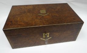 A fine brass inlaid burr-walnut lap-desk with Bramah lock, the interior furnished with foliate