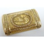 A Swiss three-gold pocket-size snuff-box of rounded-form, the hinged lid with raised Greek chariot