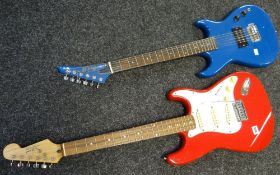 A red and white Tanglewood electric guitar and a blue Pulse electric guitar