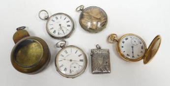 Two silver pocket watches and another; together with two pocket-watch outer-cases and a silver