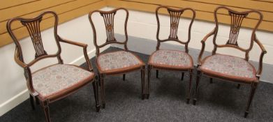 A part-set of four inlaid and marquetry drawing room chairs, two with arms and all with matching