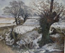 JOHN ALDRIDGE (1905-1984) oil on board - British landscape in winter with trees, signed and dated