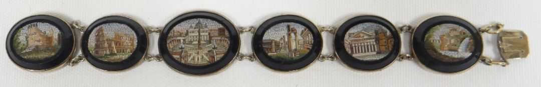 A fine 19th century-mosaic 'Grand Tour' bracelet composed of six oval tablets with romantic scenes