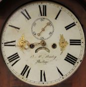 A mahogany cased eight-day grandfather-clock having circular window to the hood to reveal a circular