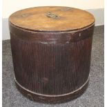 A nineteenth century cylindrical hat-box, having a corrugated outer wall and hinged lid with brass