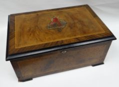 A Swiss made cross-banded and inlaid walnut encased 'BRITANNIA' music-box by BHA, the lid transfer
