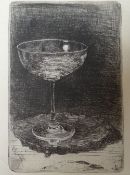 REX WHISTLER etching - champagne glass on a silver tray, 12 x 8cms