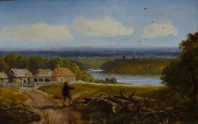 EDWARD H NIEMANN oil on panel - lone figure returning home, with cottages, river and distant town,