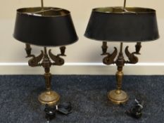 A pair of heavy quality ornate brass Classical-style table-lamps with metallic shades