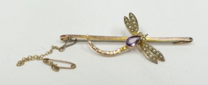 A 9ct yellow gold, seed pearl and amethyst dragon-fly bar brooch, 3.57gms