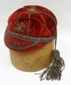 A 1907 Wales School-boy cap in red velvet awarded to Tommy Johnson (see provenance for Lot 1 & 2),