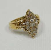An 18ct yellow gold diamond navette-shaped cluster ring set with old brilliant / Victorian cut