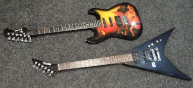 A black Marlin electric guitar and an Encore 'horror' theme pictorial electric guitar
