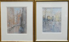 DIANA ARMFIELD RA pastel and mixed media, a pair - entitled verso 'Feeding the Pigeons, Piazza San