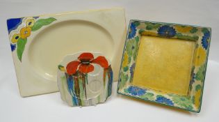 CLARICE CLIFF Bizarre range 'Sungay' pattern square dish, 23cms x 23cms; together with a Clarice