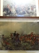 Two large framed prints depicting the charge of the Union Brigade at Waterloo and Wellington and his