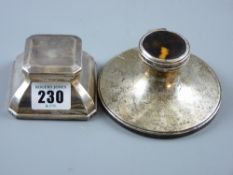 A square silver inkwell, no bottle with hinged lid and wooden base, Birmingham 1939 and a circular