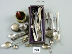A large parcel of mainly silver cutlery and a miniature white metal teapoy etc