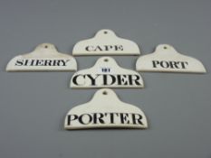 A set of five 19th Century ceramic bin labels, two impressed to the rear 'Copeland Garrett', the