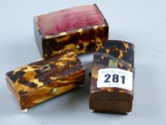 Three oblong tortoiseshell miniature 'chest' boxes, one with pin cushion top to the lid
