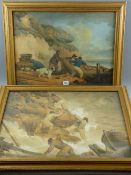 Watercolours, a pair - dramatic Victorian coastal scenes, four figures climbing rocks near a