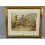 Manner of DAVID COX watercolour - farmstead amongst woodland with figure standing on a gate, 25 x 34