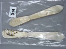 Two highly decorative floral and bird handled mother of pearl knives