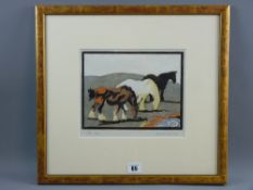 MARY FAIRCLOUGH coloured linocut - three horses, signed and dated 1954, 19 x 23.5 cms