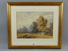 Manner of DAVID COX watercolour - rural scene with timber clad farmhouse and two figures, 25 x 34