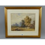 Manner of DAVID COX watercolour - rural scene with timber clad farmhouse and two figures, 25 x 34