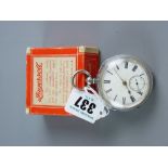 A silver encased gent's pocket watch with white enamel dial, Roman numerals and sweep seconds