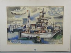 ALEXANDER ROBINSON watercolour, mounted but unframed - harbour scene with boats and figures,