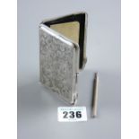 A bright cut silver lady's stamp case with bone note card and pencil, 1.7 ozs gross, Birmingham