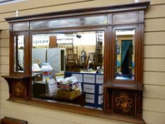 A good Edwardian mahogany and inlaid overmantel mirror, triple bevelled edge mirrors with front