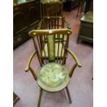 A spindleback circular seated farmhouse armchair, an inlaid mahogany bedroom chair with wicker