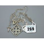 A white metal crucifix and chain, a small triangular silver pendant and chain and a square Celtic