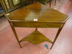 An inlaid rosewood corner stand with shaped under tier shelf, 73 cms high