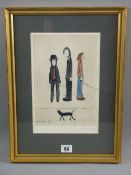 LAURENCE STEPHEN LOWRY coloured guild stamped print - three men and a cat, signed in pen, with