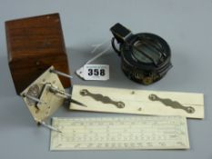 A white metal, possibly engineer's/architect's measuring gauge in a velvet lined rosewood box,