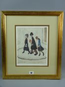 LAURENCE STEPHEN LOWRY coloured guild stamped print - 'The Family', signed in pen, 28 x 22.5 cms