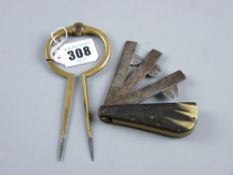 A bone encased triple blade blood letting tool, each blade marked 'Wharton Cast Steel' and a brass