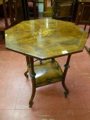 A good rosewood hexagonal topped side table with central inlaid panel, turned carved column supports