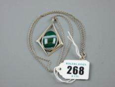 An art silver diamond shaped pendant with centre oval green agate with white metal neck chain, 14.