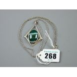 An art silver diamond shaped pendant with centre oval green agate with white metal neck chain, 14.